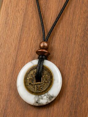 White Howlite & Chinese Lucky Coin Pendant Necklace | Handmade
